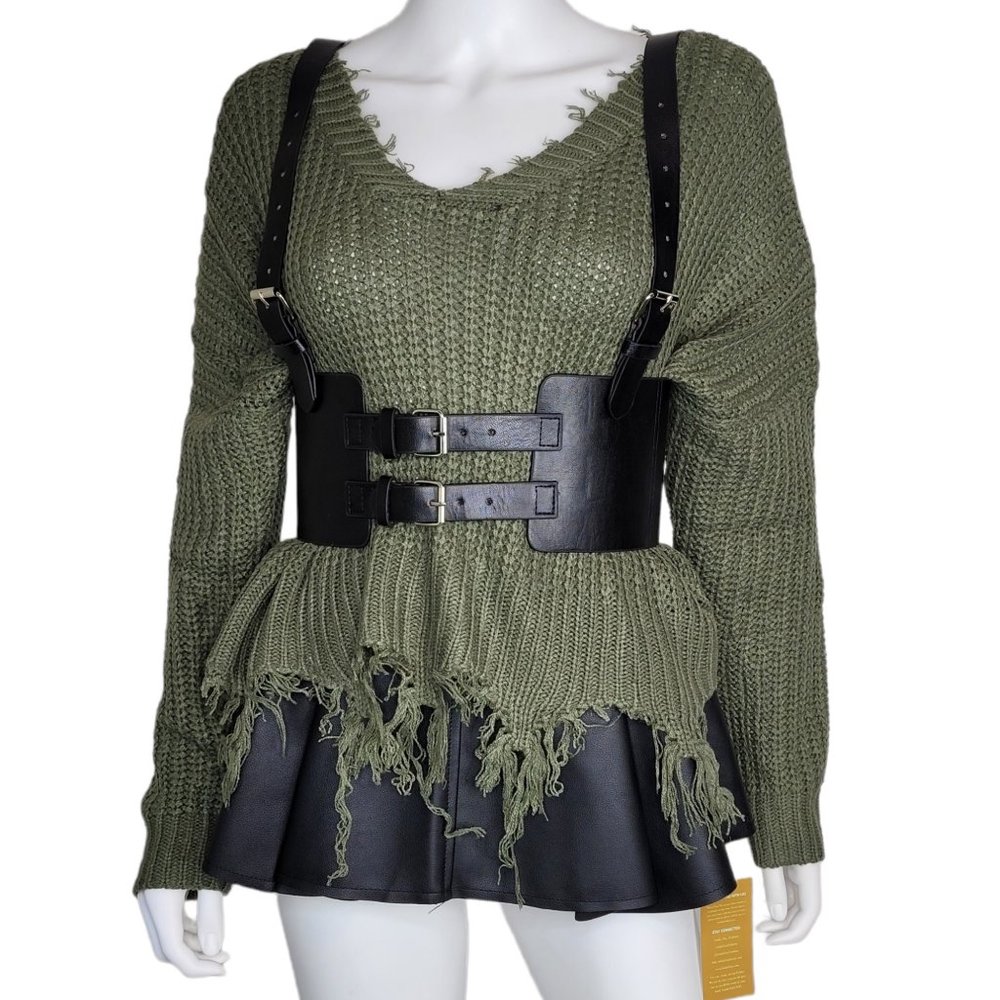 Leather Vintage Style Suspender Belt, Distressed Sweater, and Peplum Ski…